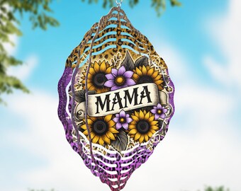 Mama Colorful Animal Print with Sunflowers Wind Spinner, Mothers Day Gift Flower Wind Sun Catcher, Gardener Gift, Garden Lover Gift