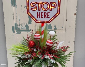 Santa Stop Here Christmas Arrangement, Light Up Pole Sign with Holiday Greenery, Santa Decor for Porch or Entryway