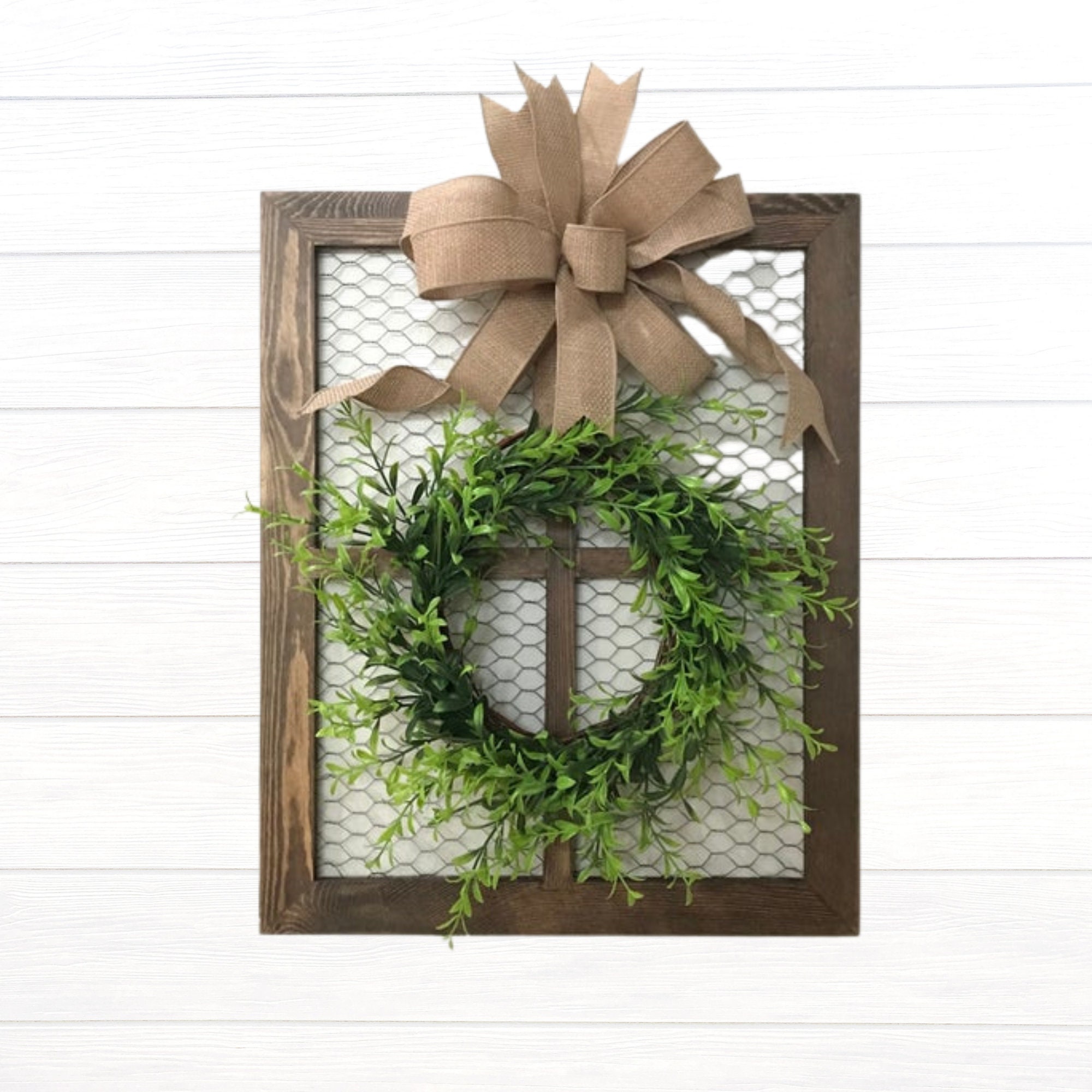 Rustic Window Frame with Greenery Wreath and Burlap Bow