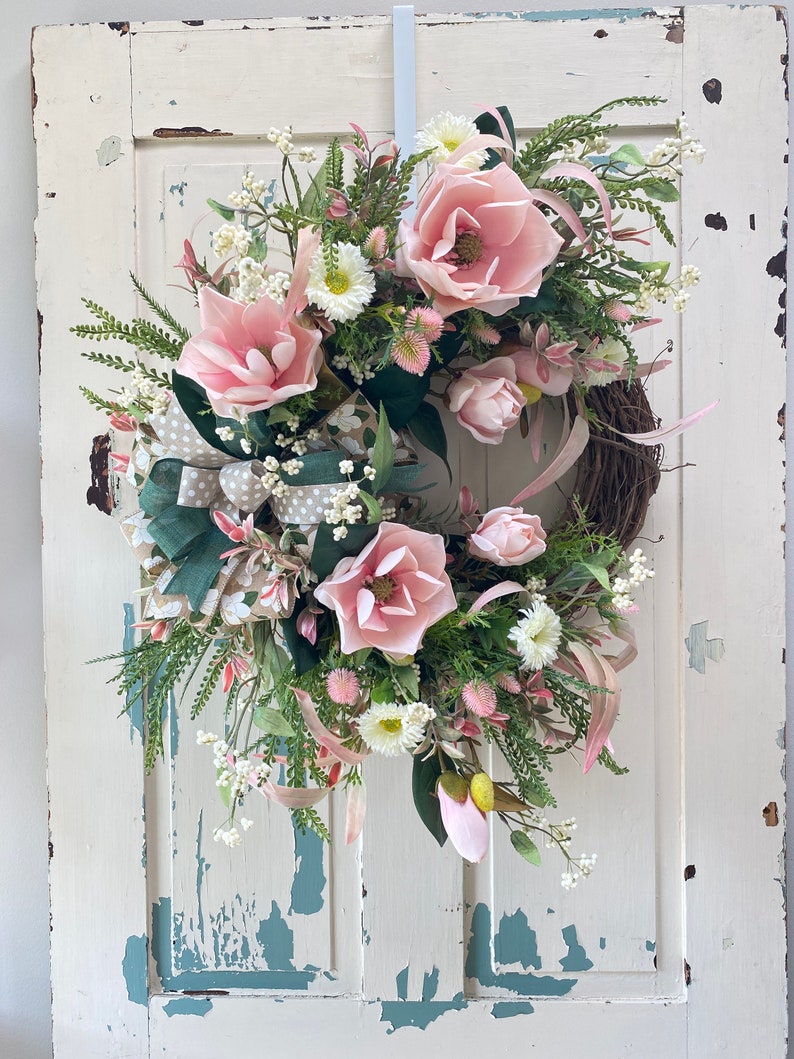 Elegant Pink Magnolia Year Round Wreath for Front Door, Xtra Large ...