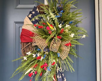 Patriotic Americana Wreath for Front Door, 4th of July Summer Wreath, Red White Blue Burlap Bow, Memorial Day Porch Decor USA