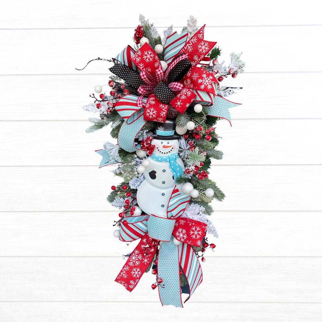 Winter Snowman Teardrop Swag Wreath for Front Door, Snowy Decor for ...
