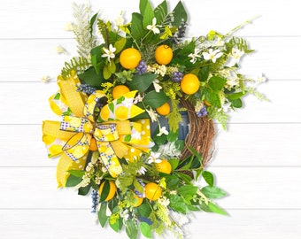 Summer Lemon and Blueberry Grapevine Wreath, Kitchen Lemon Décor,  Farmhouse Fresh Citrus, Yellow and Blue Summer Fruit Door Hanger