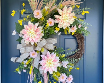 Pink Yellow Dahlia and Wildflower Floral Wreath, Boho Spring Summer Decorative Door Decorations,  Country Cottage Garden Mothers Day Gift