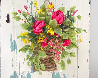 Pink Peony Door Basket Wreath, Late Summer Fall Hanging Flower Basket, Rustic Floral Decor, Rattan Basket Wall Arrangement