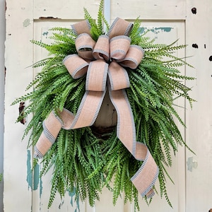Spring Bead Grass Fern Wreath, Saw Grass Wreath for Front Door, Year Round Everyday Wreath, Cascading Greenery Wreath, Button Fern Swag
