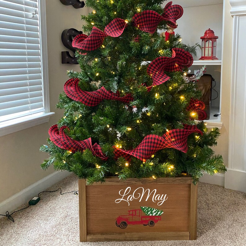 Personalized Wood Christmas Tree Collar Box Collapsible Red Etsy
