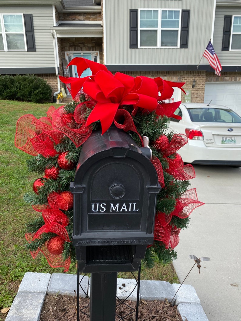 Christmas Mailbox Swag With Red Bow and Ball Ornaments, Wraparound Pine ...