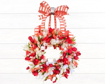Red Coral and White Tulip Wreath for Front Door, Spring Easter Decoration for Front Door, Interior Foyer or Above Mantel Wall Décor Mantle