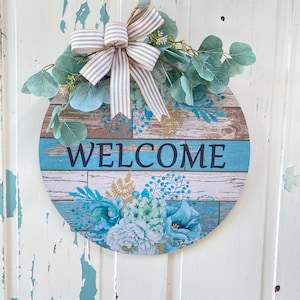 Blue Floral Welcome Front Door Hanger, Porch Sign, Welcome Sign, Wood Door Sign, Front Door Sign, Year Round Wreath, Blue Door Decor