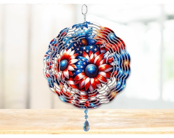 Patriotic Daisy Wind Spinner, Hanging Whimsical red white blue Daisies Wind Spinner, Patriotic Gifts, Yard Art Metal  Sun Catcher
