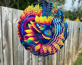 Sunflower and Butterfly Wind Spinner, Hanging Bright Colored Summer Buttefly Flower Wind Sun Catcher, Sunflower Gifts, Butterfly Garden Art