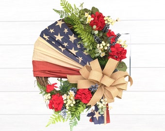 Flag Wreath, Patriotic Floral Grapevine Wreath, 4th of July Wreath, Primitive Americana Wreath, Stars and Stripes Doorhanger