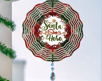 Santa Stop Here Wind Spinner, WInter Hanging Wind Sun Catcher, Santa Claus Garden Gifts, Christmas Garden Art, Spinning Winter Outdoor Decor