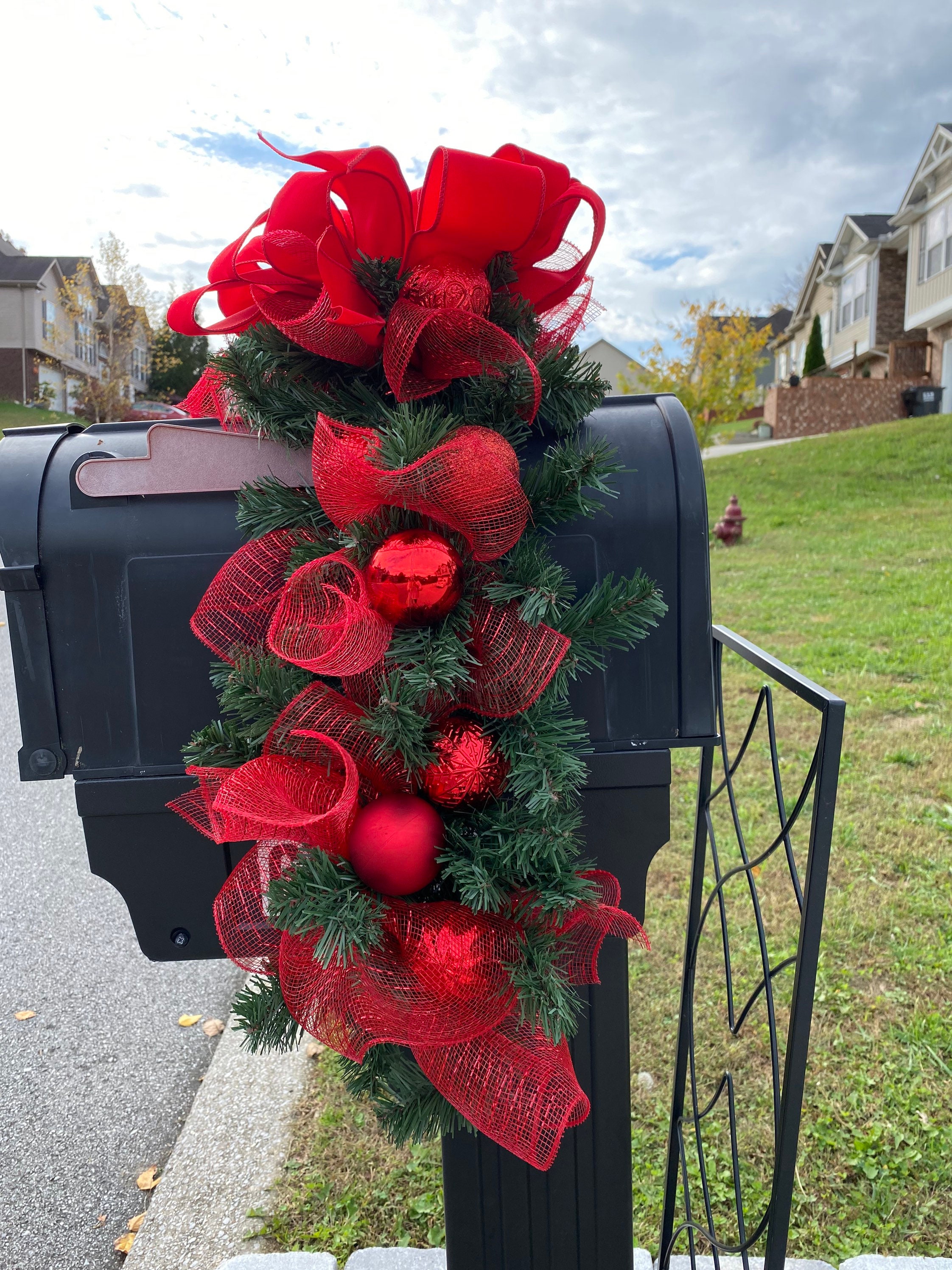 Christmas Mailbox Swag With Red Bow and Ball Ornaments Etsy Mailbox Swag For Christmas