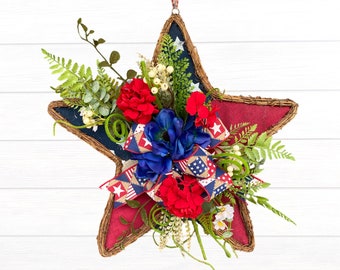 Patriotic Wreath for Front Door, Hanging Star with Flowers, Americana Stars Stripes Door Hanger with Flowers, Independence Day Porch Decor,