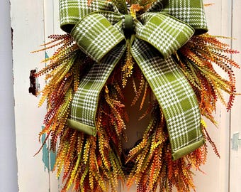 Fall Beaded Grass Fern Wreath with Plaid Bow, Autumn Front Door Decor, Farmhouse Fall Fern Wreath, Thanksgiving Wreath, Rustic Harvest Decor