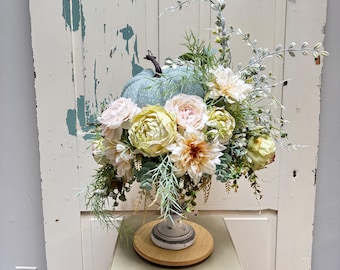 Blue Pumpkin Floral Centerpiece, Fall Candlestick Arrangement, Elegant Autumn Table Decor, Cream and Blush Silk Flower Display