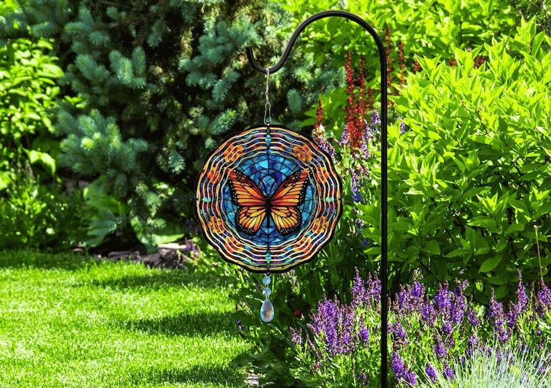 Monarch Butterfly Wind Spinner, Hanging Stained Glass Effect Butterfly Wind Spinner, Butterfly Gifts, Yard Art Metal Butterfly Sun Catcher image 1