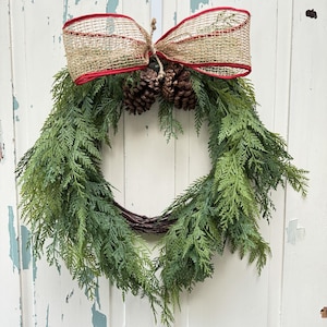 Rustic Cedar Christmas Wreath with Pinecones and Burlap Bow, Minimalist Handmade Holiday Greenery Front Door Décor