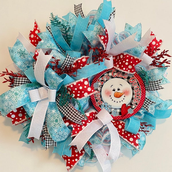 Snowman Winter Wreath for Front Door, Ice Blue and Red Christmas Wreath, Baby it's Cold Outside Doorhanger