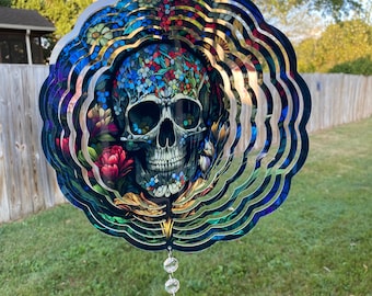 Colorful Halloween Sugar Skull Wind Spinner, Skeleton Porch Wind Catcher, Fall Hanging Outdoor Decoration. Garden Porch Decor Gifts