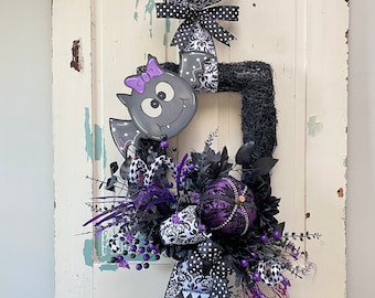 Cute Bat Halloween Wreath, Black and White Moss Wreath, Purple Pumpkin with Baby Bat Wreath for Halloween Party