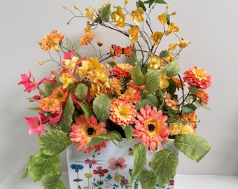 Spring Floral Arrangement - Artificial Flower Centerpiece with Butterfly - Summer Home Decor - Butterfly Orchid Mantel Decoration