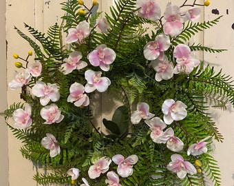 Year Round Orchid and Fern wreath, white and pink phalaenopsis large wreath, orchid wall hanging, Elegant orchid decoration