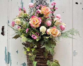 Pink Rose Floral Door Basket, Summer Wreath Alternative, Cottagecore Front Door Decor, Hanging Basket with Faux Roses with Ivy