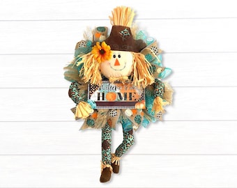 Fall Teal Leopard Scarecrow Welcome Wreath, Blue Autumn Large Home Door Hanger for Front Door, Rustic Farmhouse Porch Decor