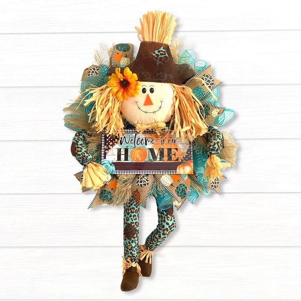 Fall Teal Leopard Scarecrow Welcome Wreath, Blue Autumn Large Home Door Hanger for Front Door, Rustic Farmhouse Porch Decor