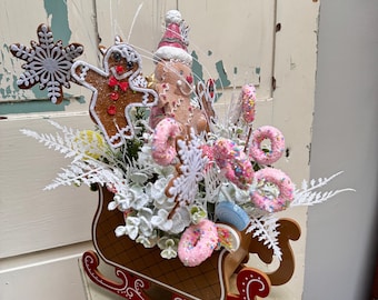 Gingerbread Sleigh Christmas Centerpiece, Candy Theme Holiday Decor, Gingerbread Arrangement with Donuts & Snowflake Cookies