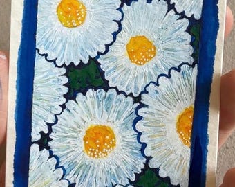 Chamomile flower original watercolour painting, botanical wildflower mini art card