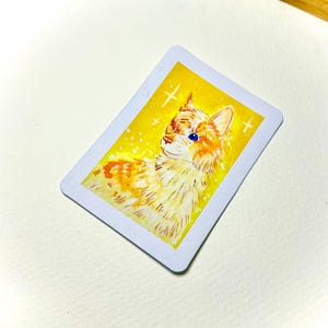 May include: A rectangular sticker featuring a painted illustration of a fluffy orange and white cat with bright blue eyes. The cat is set against a vibrant yellow background decorated with small white star shapes and light speckles.