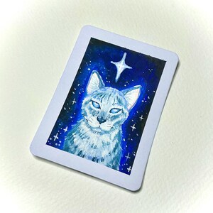 May include: A rectangular sticker featuring a painting of a white cat with glowing blue eyes against a dark blue starry background. Above the cat's head is a single, bright four-pointed star. The artwork is framed by a solid white border.