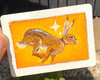 Running Hare ACEO Original Painting - Miniature Acrylic Artwork - Brown Hare Collectible