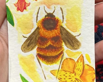Patagonian Bee ACEO Original Watercolour Painting - Bumblebee and Flowers Miniature Wildlife Art Card