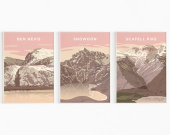 Three Peaks Challenge Mountains Sunset, Ben Nevis, Scafell Pike & Snowdon - Prints Posters