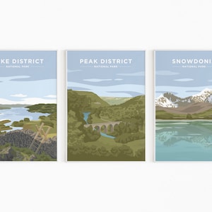 UK National Park Print Set - Set of 3 Prints - Lake District, Peak District, Snowdonia Posters