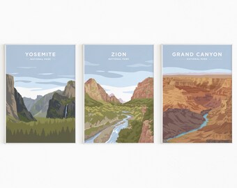 May include: Three framed illustrations of national parks in the United States. The first image shows Yosemite National Park with a view of Half Dome and Yosemite Falls. The second image shows Zion National Park with a view of the Virgin River. The third image shows Grand Canyon National Park with a view of the Colorado River.