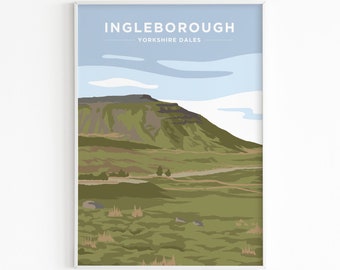 May include: A colorful illustration of Ingleborough, a mountain in the Yorkshire Dales, with a blue sky and white clouds in the background. The text "Ingleborough" and "Yorkshire Dales" is printed in white on a blue background.