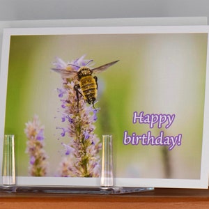 Sparkling Bee Happy Birthday Card: Cheerful 5x7 Folded Notecard with Original Close-Up Bee#5 Photo Printed on Elegant Linen-Textured Paper