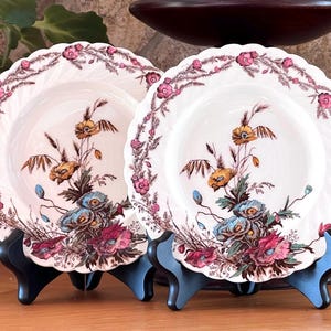 Clarice Cliff Multicolor Harvest Pattern Dinnerware, 2 Vintage Dessert Plates, Original 1940s Transferware, Made in England A.J. Wilkinson