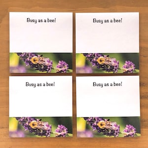 May include: Four white notepads with a purple flower and a bee on the bottom. Each notepad has the text "Busy as a bee!" printed on the top.