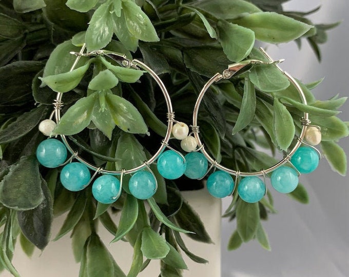 Blue Agate & Freshwater Pearl Silver Hoop Earrings