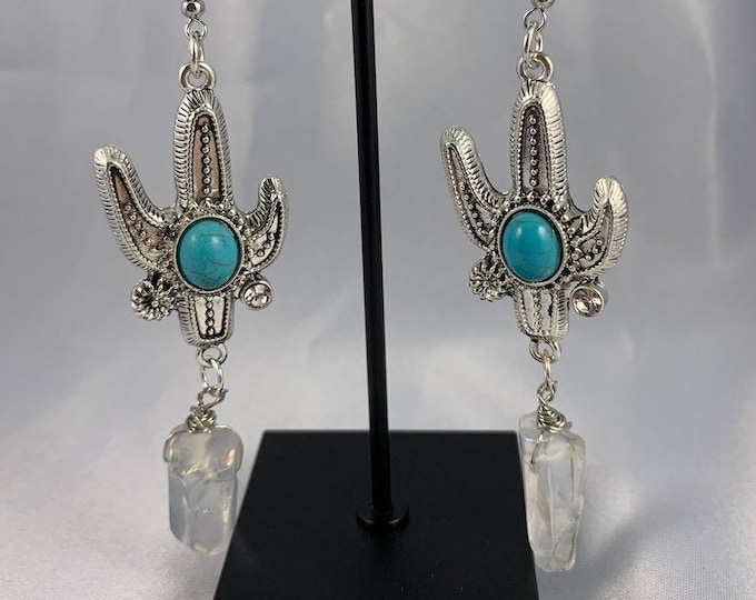 Silver Cactus & Crystal Quartz Dangle Earrings