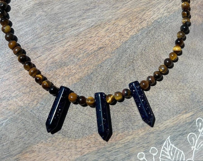 Tigers Eye & Blue Sunstone Point Sterling Silver Necklace