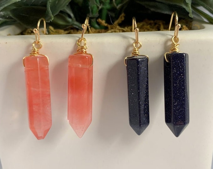 Cherry Quartz or Blue Sandstone Crystal Point Earrings