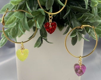 Glitter Heart Gold Hoop Earrings, Heart Earrings, Gold Earrings, Gold Hoops, Hoop Earrings, Hoops, Dangle Earrings, Earrings under 25, Heart